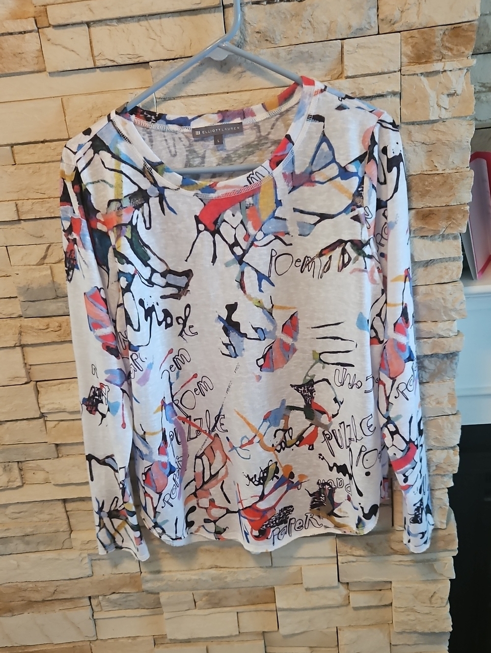 Elliott Lauren White Long-Sleeve Top with Multicolor Abstract Scribble Print.
